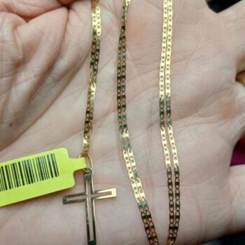 CONJUNTO DE CORRENTE PIASTRINE 60CM MOD.MASCUL COM PINGENTE DE CRUZ VAZADO OURO 18K/750