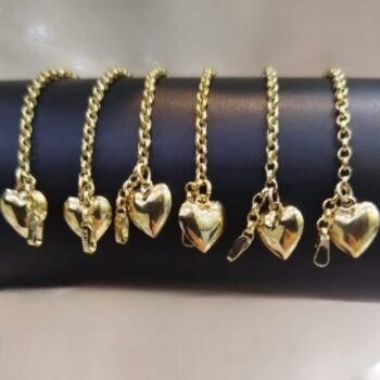 Pulseira + Pingente de coração em 0uro18K/750 com 2,0 gr 20 cm mod.8813028 - oca - modelo elo portugues 2mm a circunferência do elo