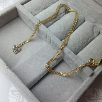 Corrente de Ouro 18K/750 40 Cm Mod. GRUMET + Pingente Pedra Zircônica Transparente Formato Coração